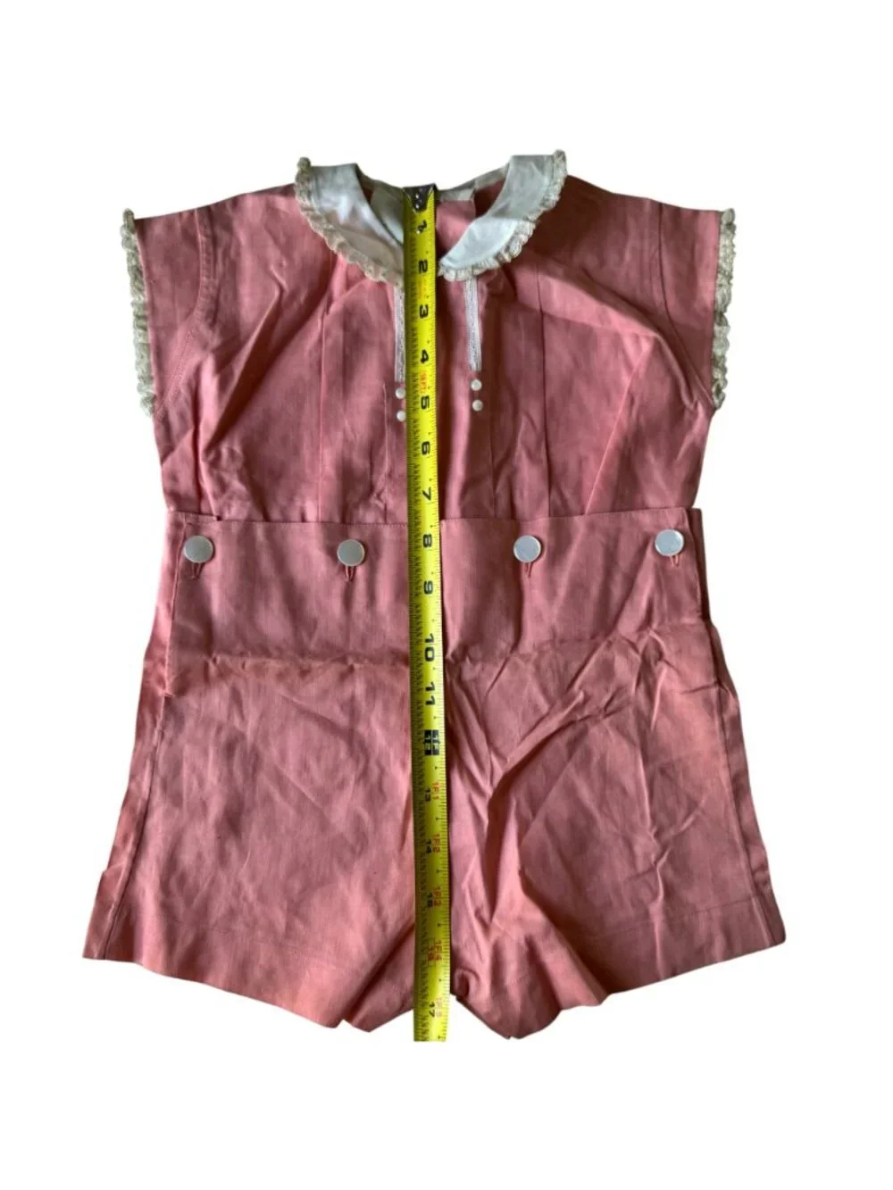 Vintage 1940s Childs Peach Pink Romper Shorts Lace Trim & Buttons 2 Piece